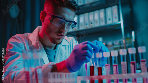 Young male biochemist testing blood samples in pandemic concept. photo