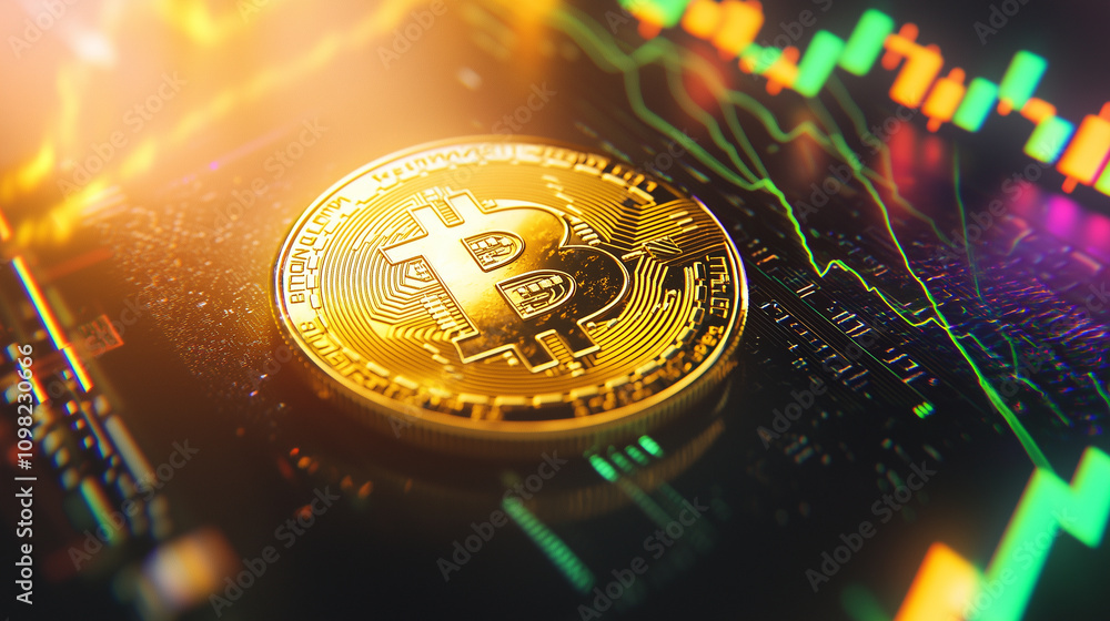 Fototapeta premium Golden Bitcoin on Black Surface with Digital Trading Chart Background