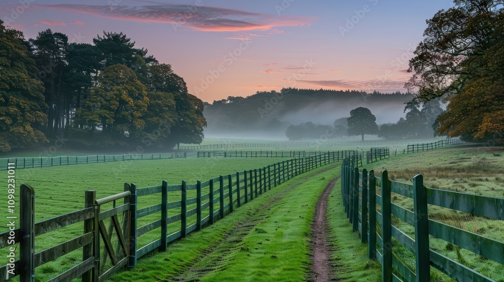 Obraz premium Serene landscape at dawn with mist, trees, and a winding path through a grassy field.