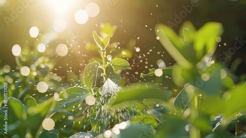 Sunlit plants being watered, creating a refreshing and vibrant atmosphere.