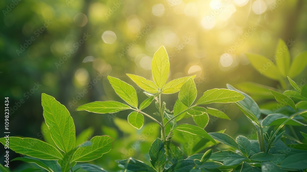 Obraz premium Sunlit green leaves in a natural setting create a serene and refreshing atmosphere.