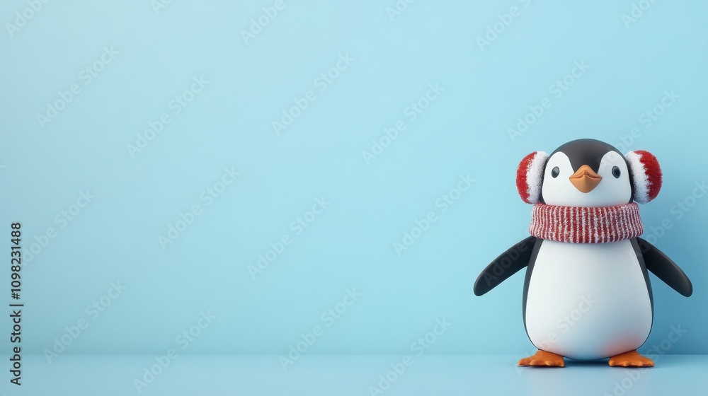 Obraz premium A cute penguin wearing earmuffs and a scarf stands against a light blue background, evoking a cheerful winter vibe.