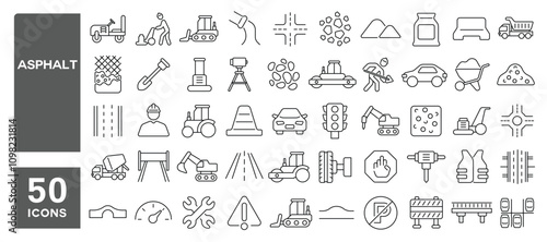 Set of 50 line icons related to asphalt, road, construction, paver, stone, tractor, slab, gravel, repair, grader, Editable stroke. Vector illustration