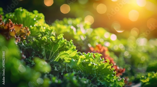 Wallpaper Mural A close-up of vibrant green and red lettuce leaves illuminated by soft sunlight. Torontodigital.ca