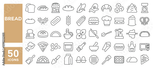 Set of 50 line icons related to bread, fresh, baked, baguette, bun, pretzel, sandwich, croissant, toast, wheat, Editable stroke. Vector illustration