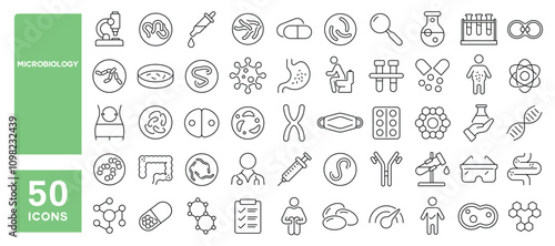 Set of 50 line icons related to microbiology, bacteria, pathogen, germ, virus, nucleus, bacillus, microbe, petri, Editable stroke. Vector illustration