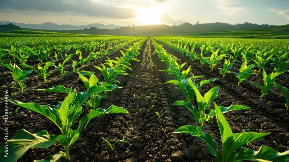 Naklejka premium Lush green cornfield at sunrise, showcasing agricultural growth and productivity.