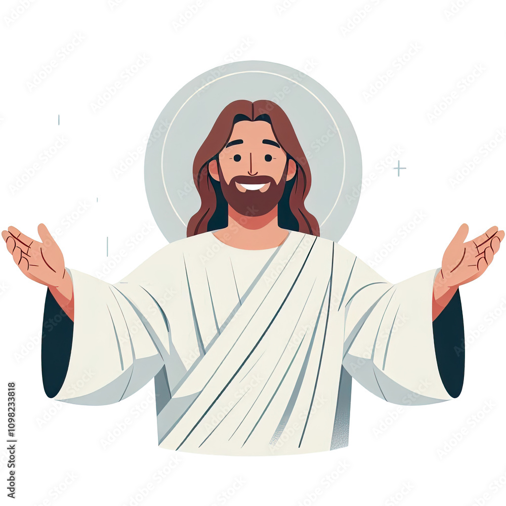 Fototapeta premium Flat Illustration of Jesus christ smiling with open arms on white background isolated PNG