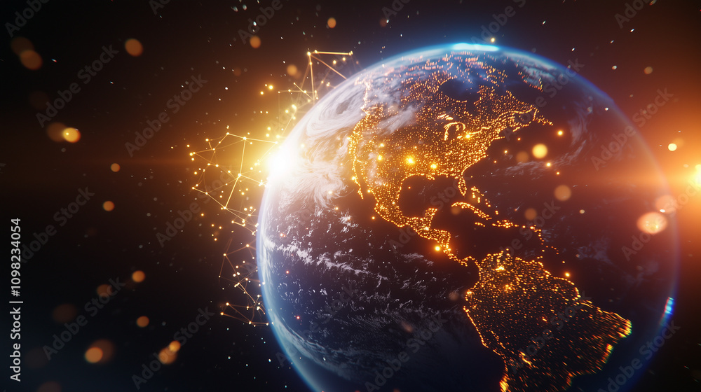 Fototapeta premium Glowing Planet Earth in Space with Global Communication Network
