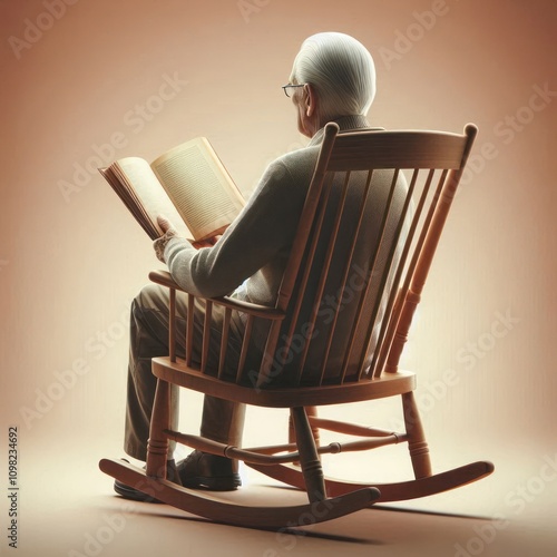 An elderly man is reading a book in a rocking chair.