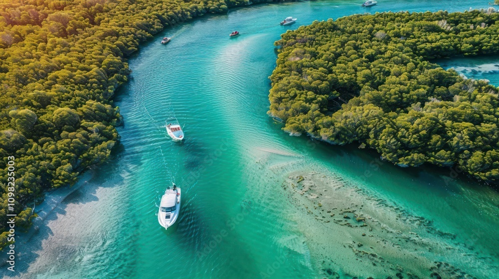 Fototapeta premium Aerial view of a serene river winding through lush green mangroves with boats.