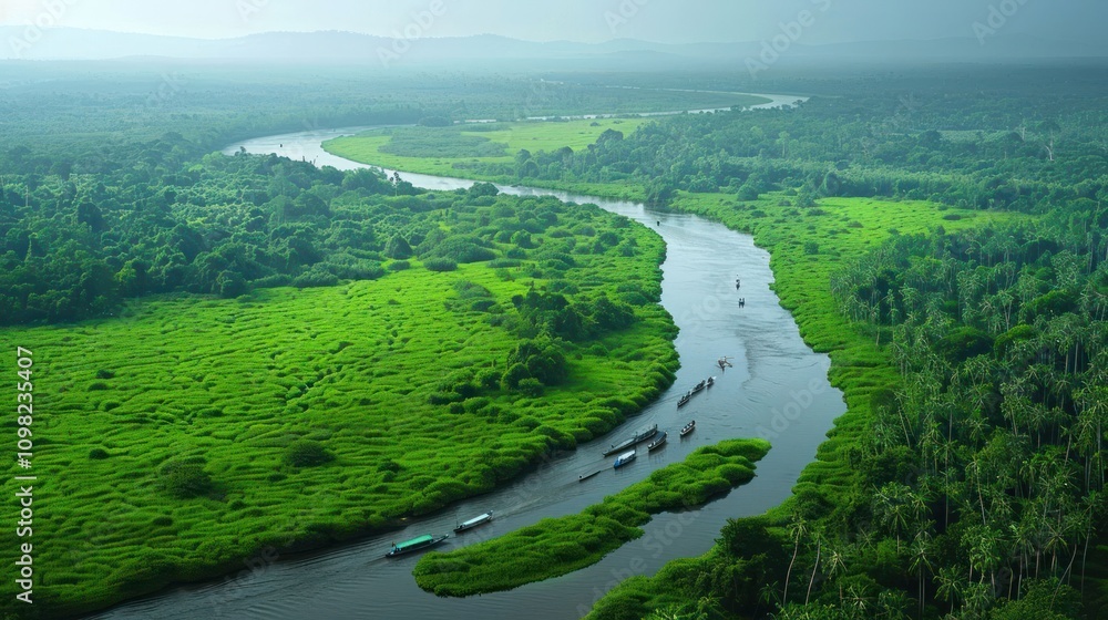 Fototapeta premium Aerial view of a winding river surrounded by lush greenery and boats navigating through.