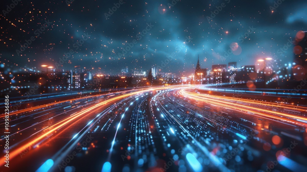 Obraz premium A dynamic cityscape with glowing light trails and a moody atmosphere.