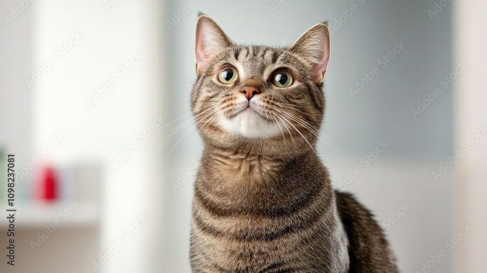 Obraz premium A curious tabby cat gazes thoughtfully, showcasing its expressive eyes and distinct striped fur, set against a softly blurred background.
