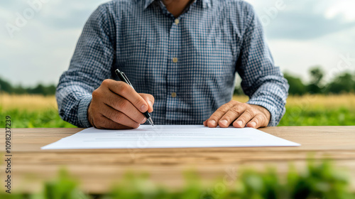 Agriculture Debt Concept, Farmer Signing Loan Document While Sitting at Outdoor Table