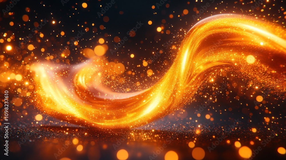 Naklejka premium Abstract glowing orange swirl with bokeh effect on black background.