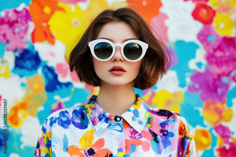 custom made wallpaper toronto digitalWoman in White Sunglasses Poses Against Colorful Floral Backdrop in Vibrant Fashion