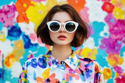 Wallpaper Mural Woman in White Sunglasses Poses Against Colorful Floral Backdrop in Vibrant Fashion Torontodigital.ca