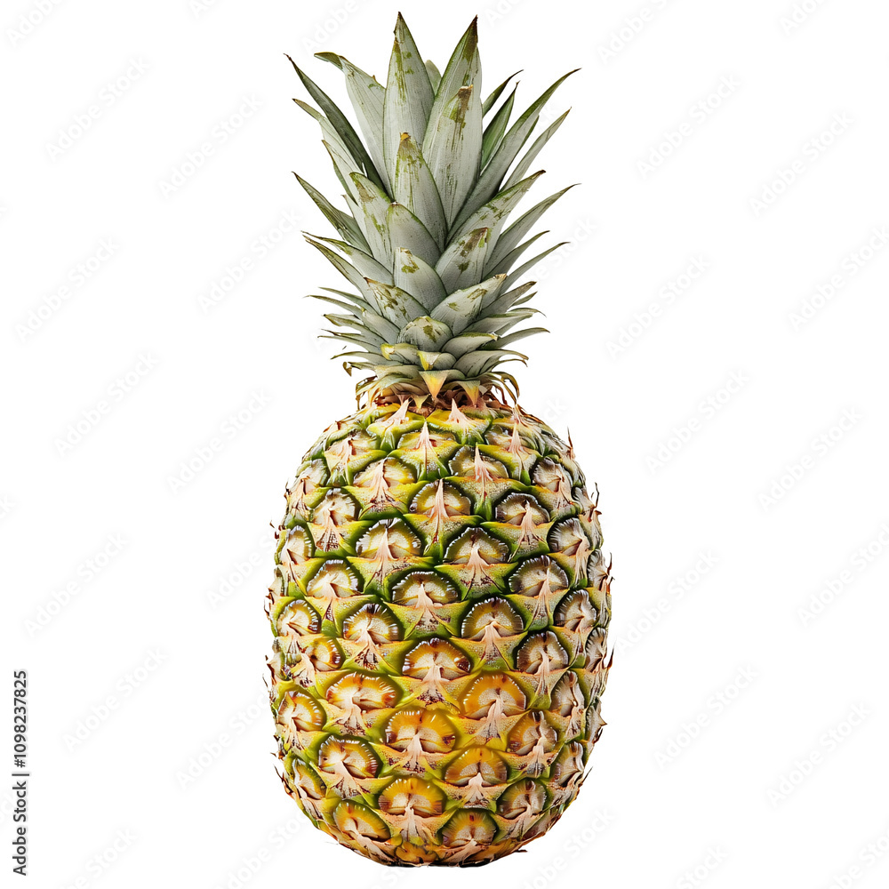 Fototapeta premium Ripe pineapple standing upright showcasing vibrant details in a lush green setting, embodying the essence of fresh produce in the vegetable and fruit category.