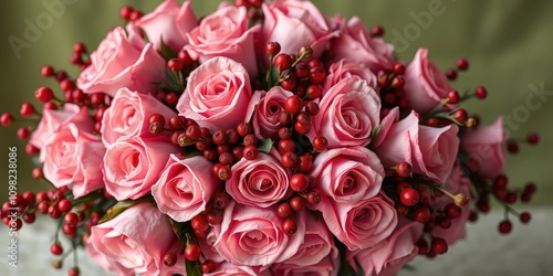 A delicate bouquet of pink roses with red berries, a timeless symbol of love and affection.