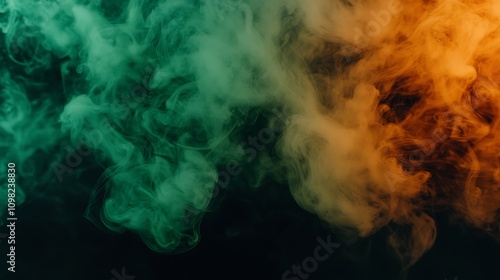 Ethereal wisps of emerald green smoke fading into amber orange hues, floating delicately over a rich matte black backdrop.