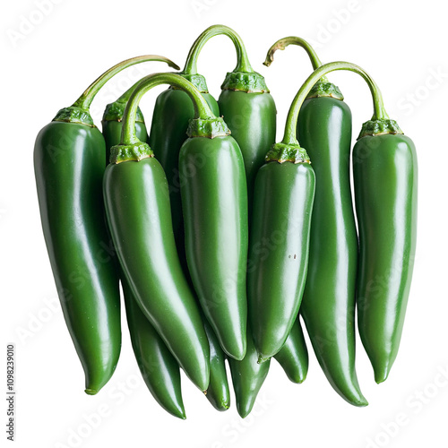 Fresh green jalapeños arranged on a white background, showcasing their vibrant color and sharp appearance, celebrating the concept of Vegetable and Fruit. photo