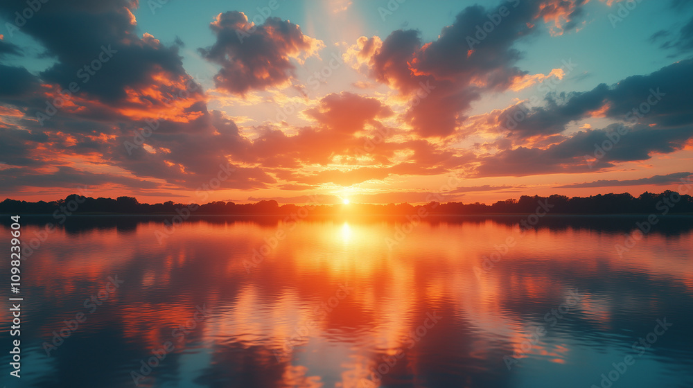 Fototapeta premium Vivid sunset paints the sky and water with vibrant colors over a serene lake landscape