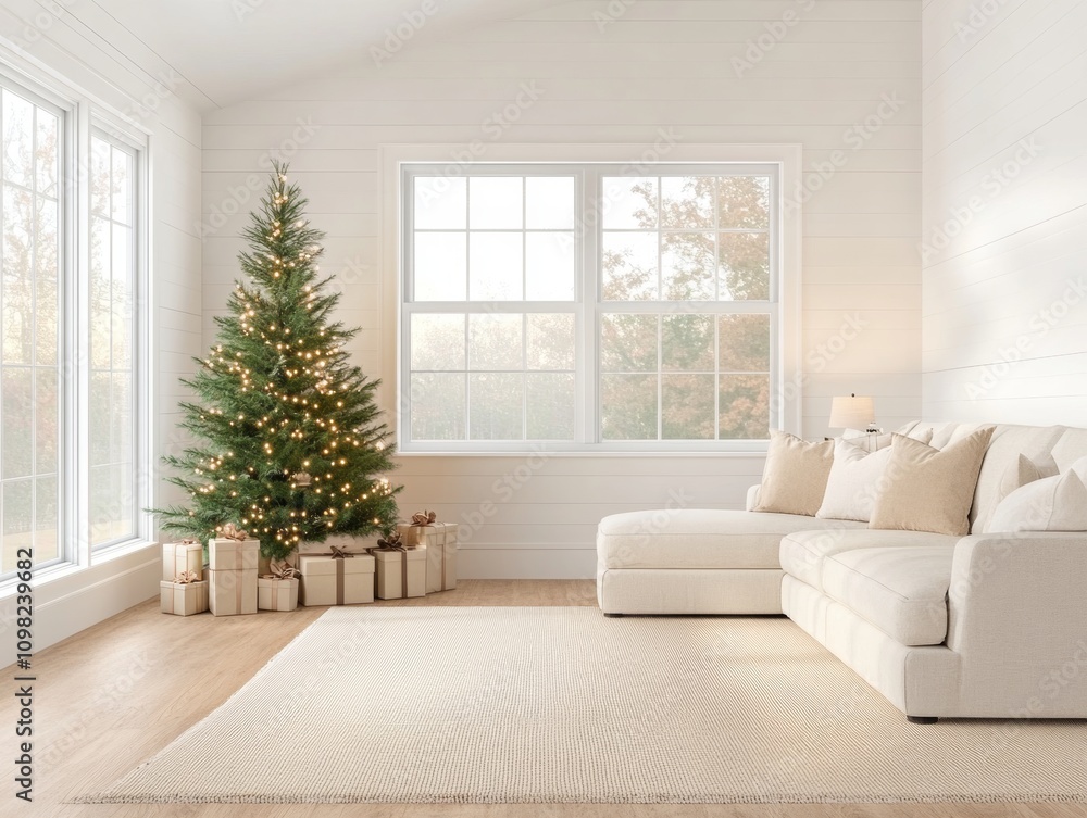 Naklejka premium Cozy Christmas Living Room with Decorated Tree and Sectional Sofa