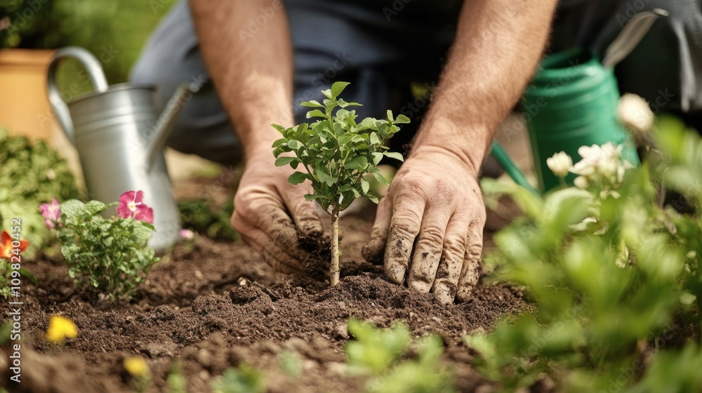 Fototapeta premium A person planting a small tree in soil, surrounded by flowers and gardening tools.