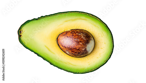 Sliced green avocado with the seed removed on a plain backdrop highlighting the freshness and texture of this nutritious fruit. Concept: Vegetable and Fruit.
