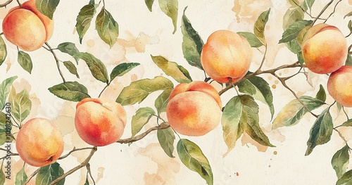 Watercolor pattern of ripe peaches with green leaves, hand-painted illustration. Ideal for summer-themed designs, wallpapers, and fabric backgrounds, Generative AI