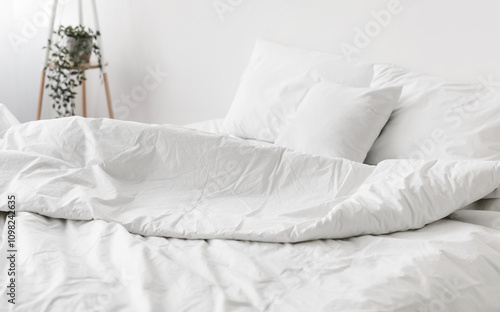 Soft unmade bed, comfortable pillow, white linen with nobody. Bedding, duvet, modern apartments and domestic cozy, free space. Good morning and modern bedroom interior, room design in day light photo