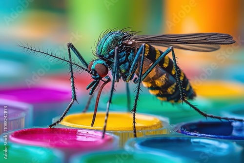 A close-up of a colorful mosquito perched on paint palettes. photo