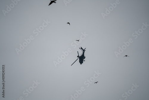 British army Boeing Apache Attack helicopter AH2 AH64E AH-64E ArmyAir banking hard to left photo