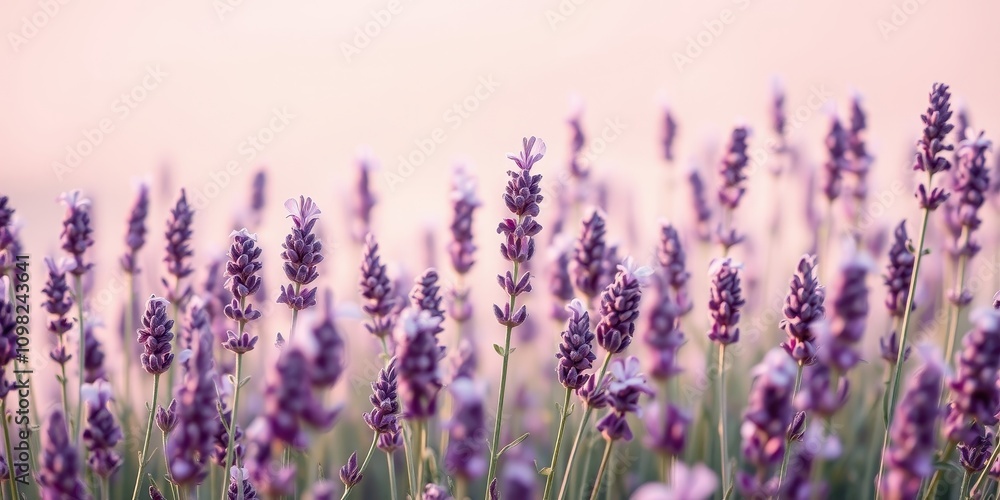 Obraz premium Delicate lavender blooms bathed in the soft glow of sunrise, a field of purple beauty