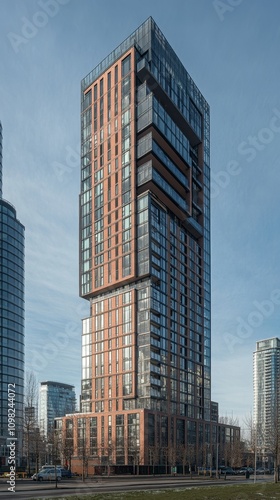 A modern high-rise building showcasing contemporary architectural design and urban living.