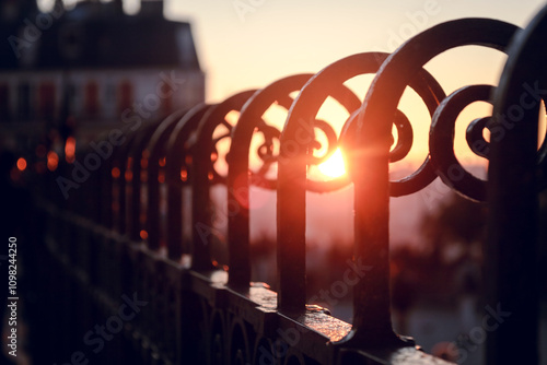 The rising sun penetrates with rays through the forged fence