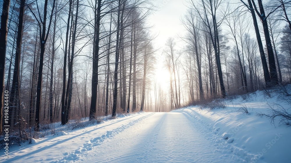 Obraz premium A snowy path winds through a forest of bare trees, sunlight filtering through the branches, creating a serene and tranquil winter scene.