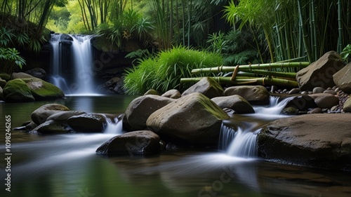 Serene waterfall cascading over moss-covered rocks into a tranquil bamboo forest pool.