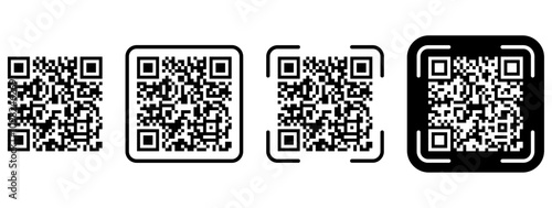 A set of four distinct QR code designs. QR code designs in black and white