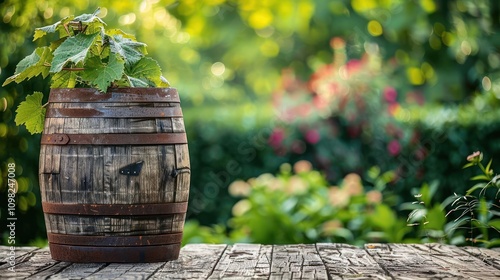 Wallpaper Mural A rustic wooden barrel with grapevines set against a blurred garden background. Torontodigital.ca