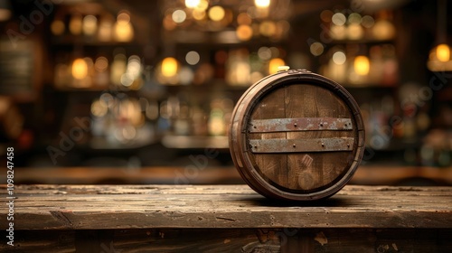 A wooden barrel sits on a rustic bar, surrounded by blurred bottles and warm lighting. photo