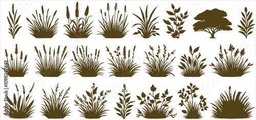 Black grass silhouette collection on white background, detailed grass vector illustrations for design, art, and nature themes. Elegant, minimalistic, and realistic grasses vector