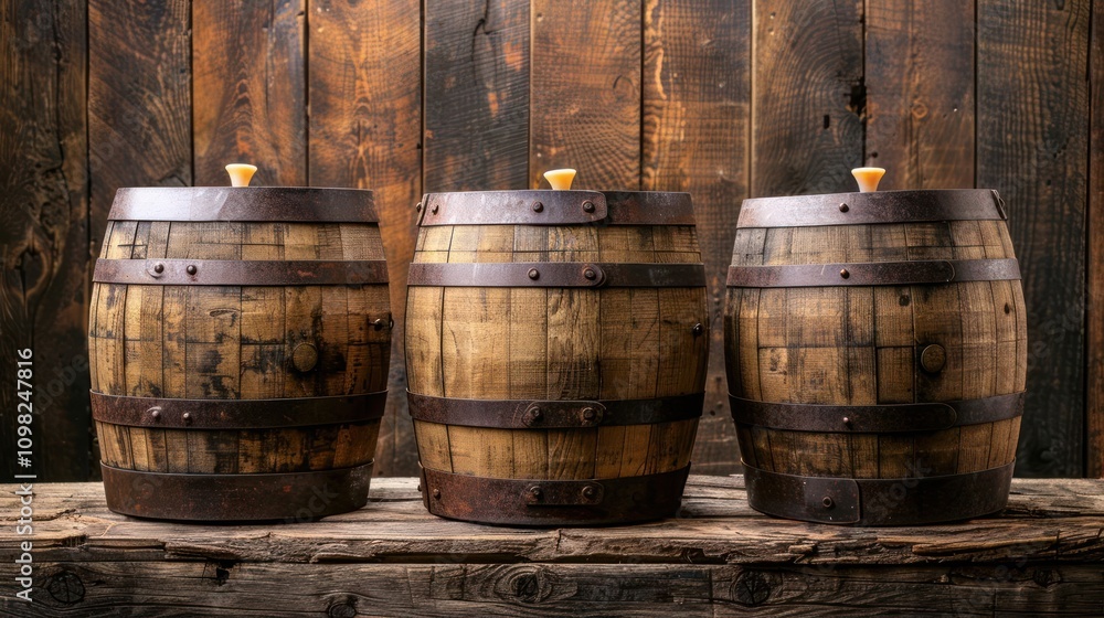Fototapeta premium Three wooden barrels with metal bands displayed against a rustic wooden backdrop.