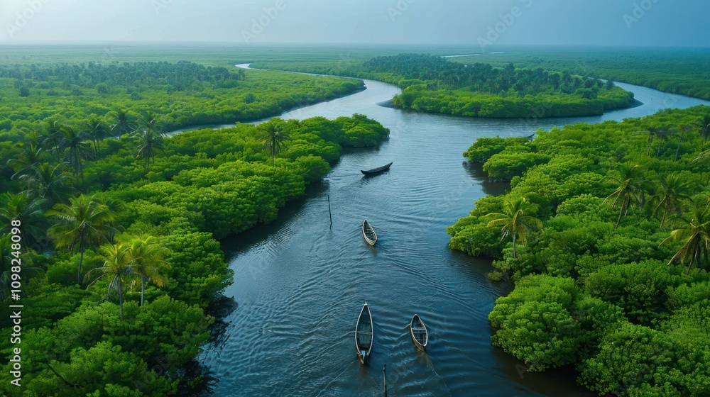 Fototapeta premium Lush mangrove landscape with boats navigating through winding waterways.