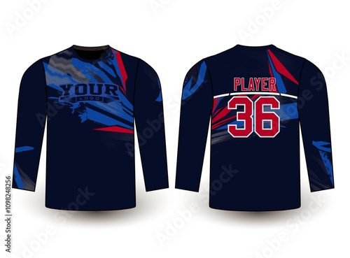 Long sleeves team jersey design with an elegant edgy and wild look. Sports gear template mockup perfect fit for all sports. The designs that go on casual wear, shirts, fashion apparel, and all kind 