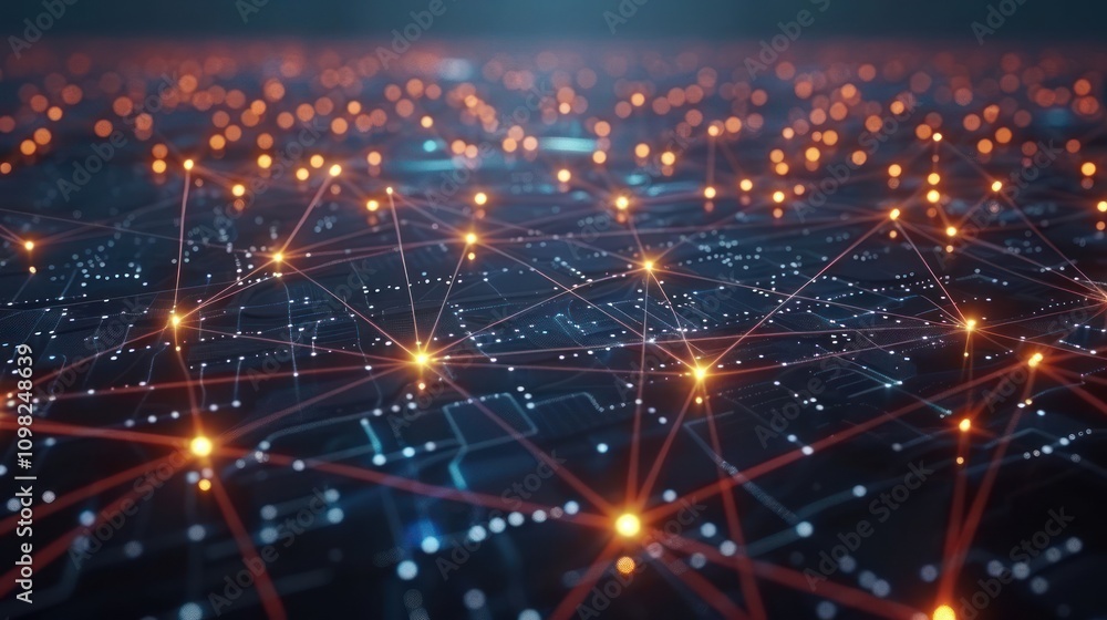 Fototapeta premium A digital network visualization with glowing nodes and interconnected lines.