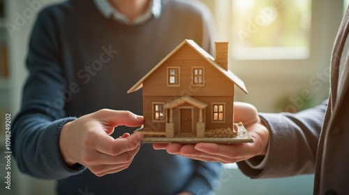 old senior man give house model to younger hand. Transfer inheritance asset