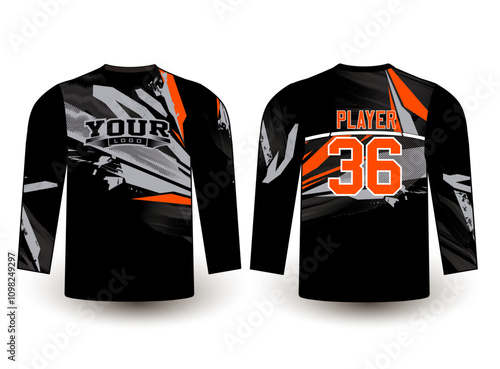 Long sleeves team jersey design with an elegant edgy and wild look. Sports gear template mockup perfect fit for all sports. The designs that go on casual wear, shirts, fashion apparel, and all kind 