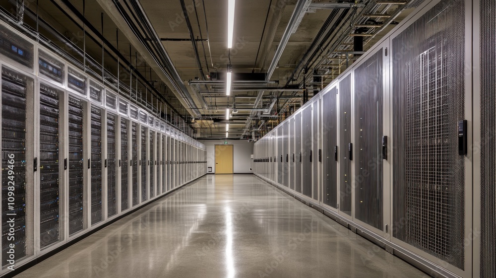Fototapeta premium Modern Data Center: Rows of Servers in a High-Tech Facility
